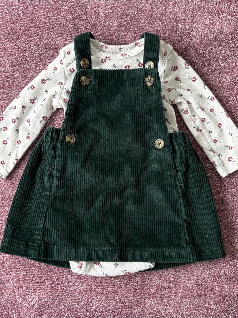 Carter’s Corduroy Pinafore Dress - Dark Green And Grey Floral Onesie